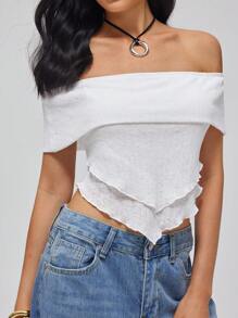 Roylia Top ajustado de punto con hombros descubiertos y dobladillo doble en punta, sexy y dulce para mujeres - Blanco - Ver 5