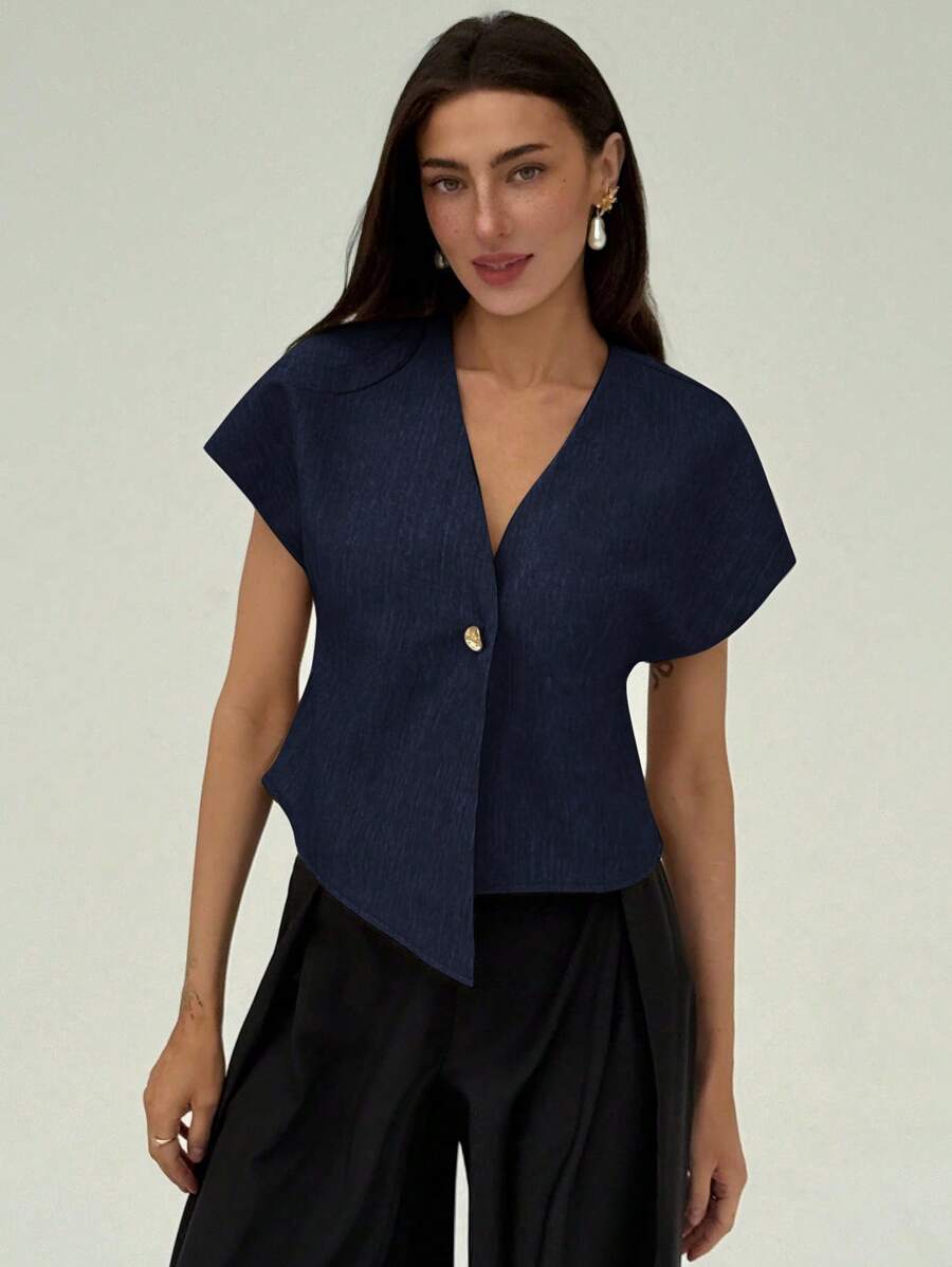 Aloruh Women Simple Single Button Batwing Sleeve Short Sleeve Shirt, Suitable For Commuting In Summer Navy Blue - Navy Blue - View 1