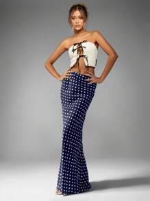 MISSGUIDED 波尔卡圆点长裙高腰修身长款经典春夏季度假晚会派对侧开叉优雅 - 藍色 - 查看 4