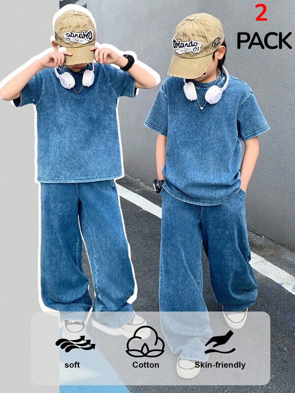 SHEIN 2-teiliges Set für Teenager-Jungen: Bequemes, weiches Strick-T-Shirt mit Rundhalsausschnitt in Blau-Denim und weite, lose Jeans mit breitem Bein, angenehm weich, für Teenager-Jungen, Kostüm, Alltag, Sommer und Frühling