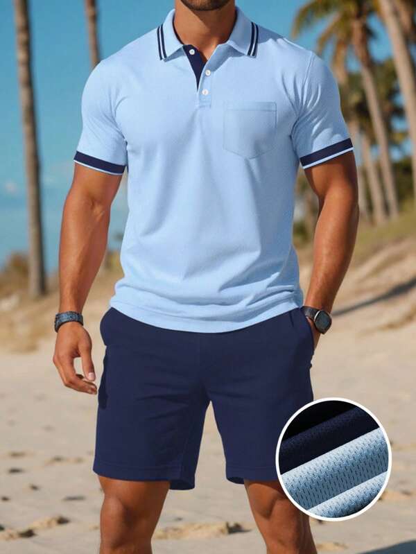 Manfinity Dauomo Conjunto de camisa polo de unicolor con ribete de contraste y shorts de verano a juego de moda para hombres