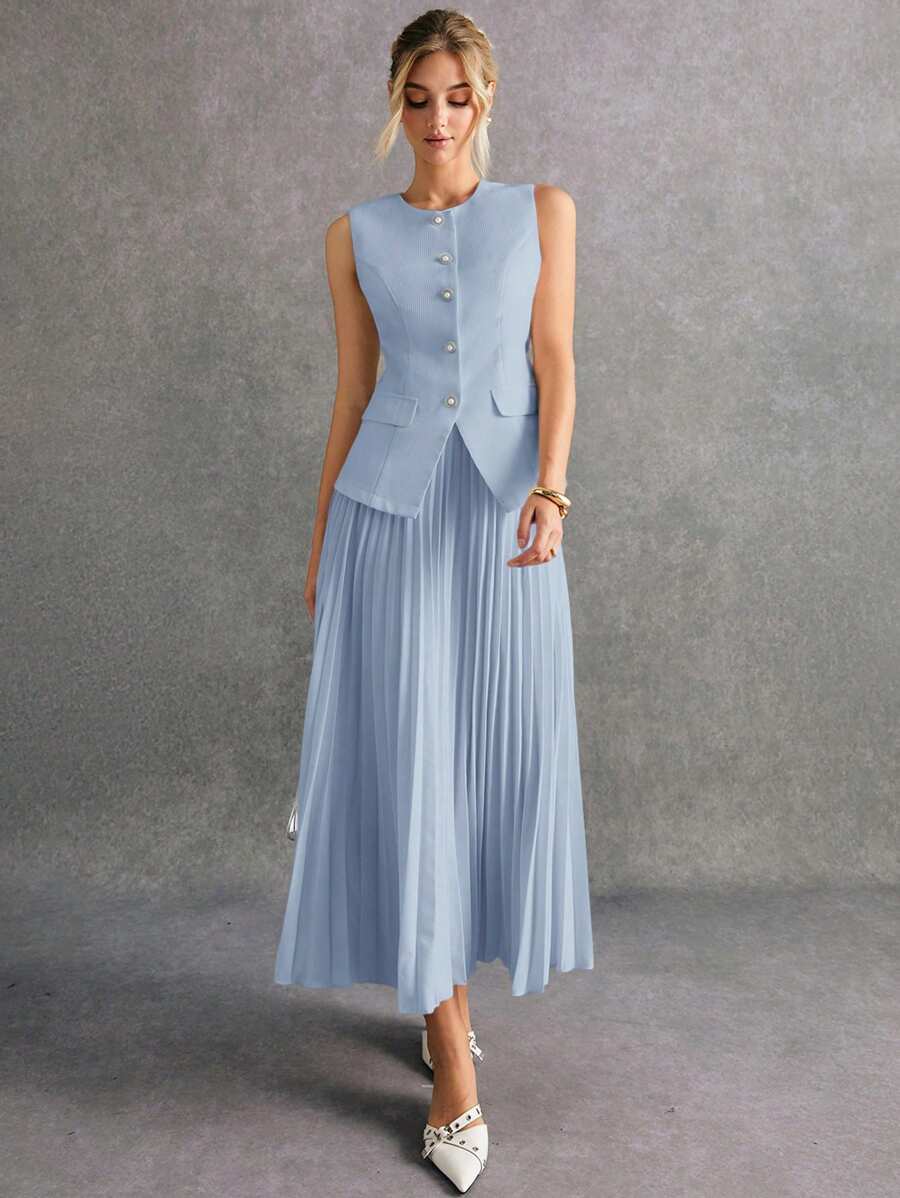 Poéselle 2 件女士单排扣纯色背心和百褶裙套装女士办公室服装商务女性服装职业女性服装百褶长裙百褶裙套装夏季优雅连衣裙灰蓝色百褶裙女士秋冬百褶裙 - 藍色 - 查看 1