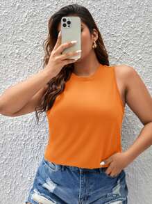 SHEIN LUNE Plus Size Casual Solid Color Tank Top, Summer - Orange - View 4