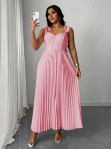 SHEIN Unity 大码女式优雅浪漫度假无袖系腰百褶纯色中长连衣裙 - 粉色 - 查看 1