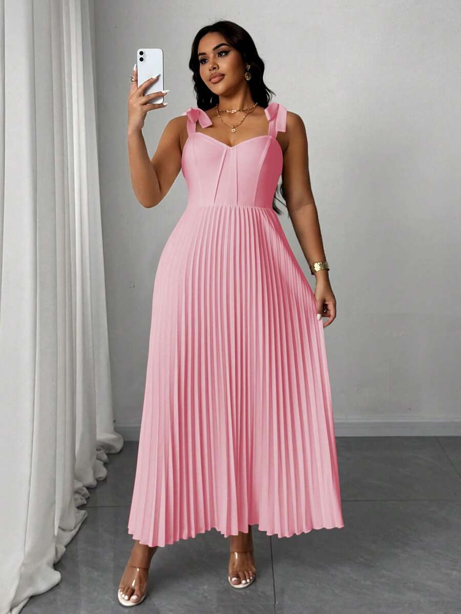 SHEIN Unity 大码女式优雅浪漫度假无袖系腰百褶纯色中长连衣裙 - 粉色 - 查看 1