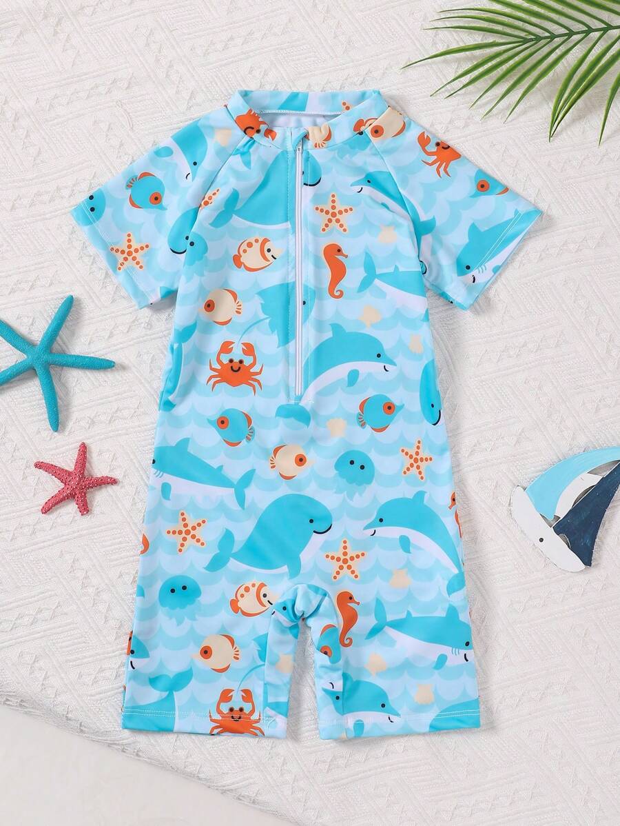 男童连体蓝鲨印花连体衣，户外沙滩游泳男童两件套泳衣套装，男童3-7岁沙滩装，男童儿童沙滩装 - 藍色 - 查看 1