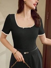 Vintamour 女士复古经典优雅T恤，修身撞色蝴蝶结短袖T恤，杏色，适合春季、夏季假日节日外出、商务休闲、教师等场合。 - 黑色 - 查看 6