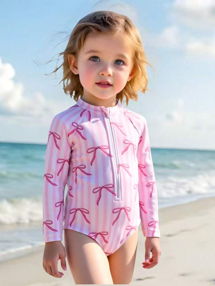 2025新款印花女童长袖拉链连体泳衣，2件套，适合海滩度假 - 粉色 - 查看 1