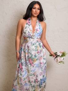 Flirla Plus Size Summer Elegant Floral Print Halter Neck Backless Maxi Dress - Multicolor - View 5