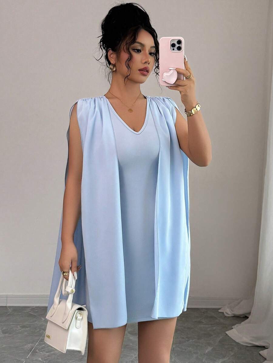 Elenzga Women's Fashionable Elegant Sexy V-Neck Sleeveless Fitted Splice Chiffon Wrap Flared Sleeve Bodycon Mini Skirt, Summer - Blue - View 1