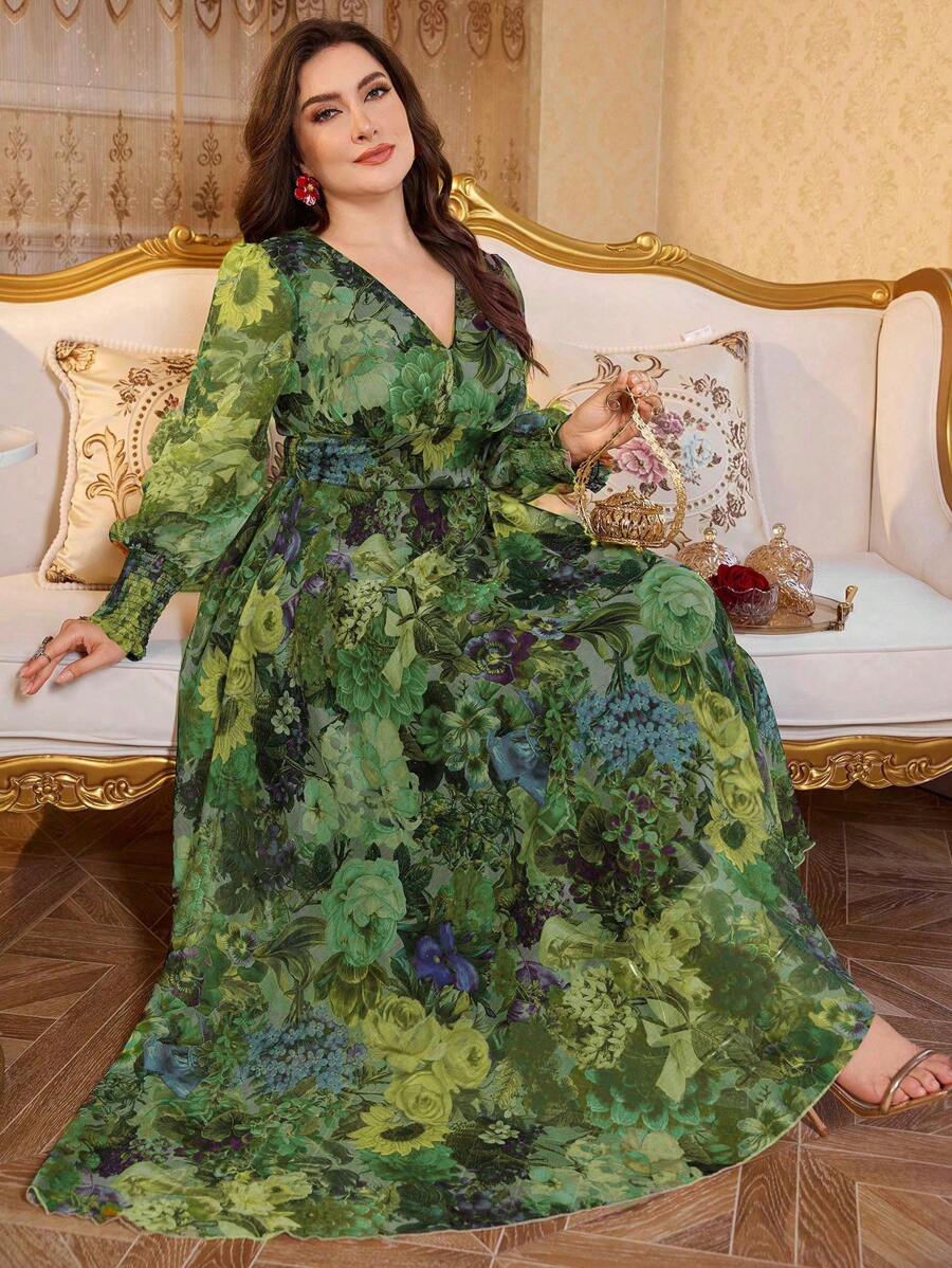 Modelyn 全新奢华优雅宽松V领长袖连衣裙 - 綠色 - 查看 1