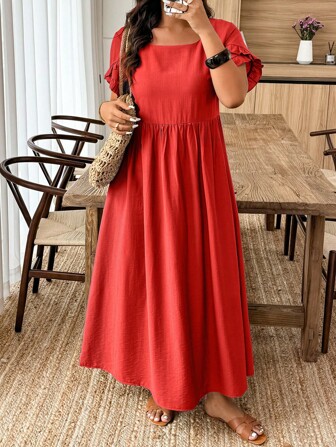 EMERY ROSE 大码夏季休闲纯色褶皱荷叶边下摆A字连衣裙