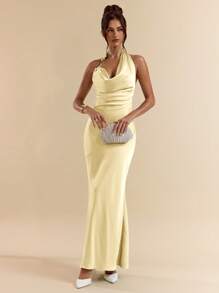 SHEIN BAE Spring/Summer Green Sexy Deep Draped Neck Metal Decor Open Back Extra Long Satin Mermaid Hem Dress, Bridesmaid Dress, Satin Dress, Sexy Dress,Butter Yellow Dress - Yellow - View 6