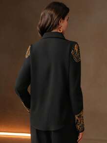 Anewsta Elegant "Old Money" Women's Fashion Western-Style Long Sleeve Blouse With Pearl Embroidery & Cutout Details - Black - View 2