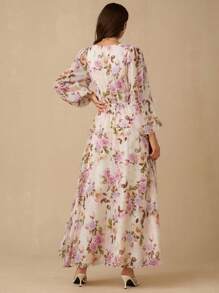 Enchnt 春夏浪漫女士杏色和紫色玫瑰印花深 V 领长袖荷叶边长裙，甜美优雅，适合度假、约会、节日、派对、毕业典礼、婚礼宾客和海滩，舞会礼服，女士夏季连衣裙，女士太阳裙，夏季服装，优雅的派对连衣裙