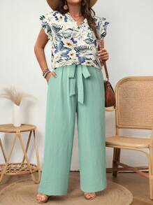 SHEIN LUNE 大码女式两件套：碎花盖袖上衣搭配蝴蝶结和纯色阔腿裤 夏季波西米亚风复古女士夏季服装 春假狂欢服装 节日春假服装 休闲优雅碎花度假服装 女士复活节连衣裙 复活节服装女士 - 淺藍色 - 查看 6