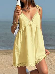 Jouncy Women's Beach Summer Minimalist Contrast Lace Slip Mini Dress