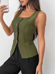 SHEIN EZwear Chaleco de traje de mujer de corte slim en color verde oliva tejido para otoño/invierno - Verde militar - Ver 6