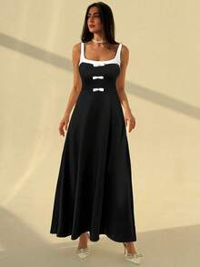 Aloruh Women's Elegant Color Contrast Bowknot Dress, Summer - Black - View 3