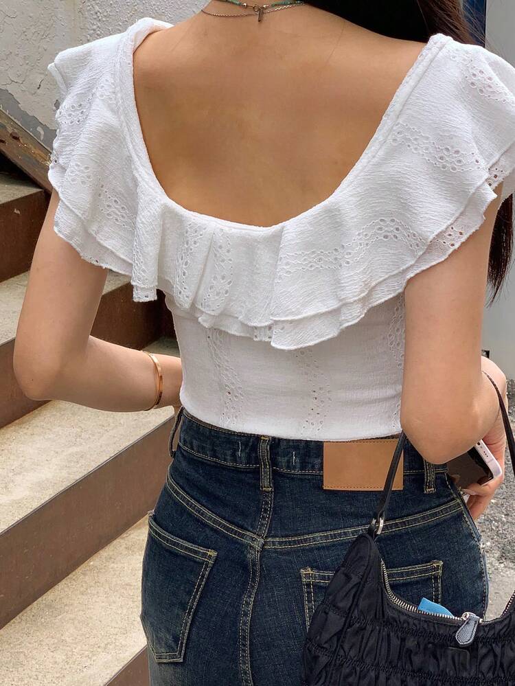 Women's White Patchwork Ruffle Collar Round Neck Cropped Short Sleeve T-Shirt Cute Tops