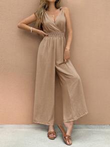 SHEIN Frenchy Women's Solid Color Overlapping V-Neck Waist Lace Splice Wide-Leg Sleeveless Jumpsuit
