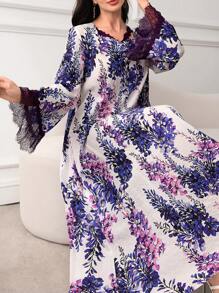 Lacomfia Vestido acampanado de estilo árabe para mujeres de primavera y verano con escote en forma de corazón, ribete de encaje y bajo con volantes, modesto - Multicolor - Ver 6