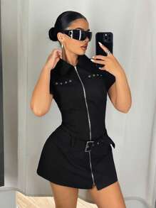 SHEIN ICON Y2K 女式夏季外出黑色哥特式金属孔眼嬉皮士前拉链短袖迷你连衣裙，夏季 - 黑色 - 查看 5
