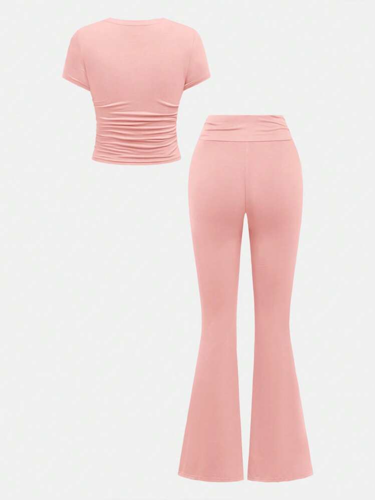 SHEIN Girlism Teen Girls' Solid Color Casual Matching Sets, Ruffled T-Shirt And Flared Leg Pants - Pink - View 2