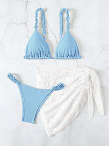 Swim Mod 女士三件套泳衣套装：纯色细肩带泳衣上衣、三角形泳裤和罩衫 - 藍色 - 查看 3