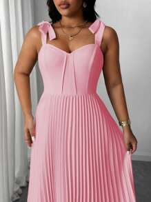 SHEIN Unity 大码女式优雅浪漫度假无袖系腰百褶纯色中长连衣裙 - 粉色 - 查看 3