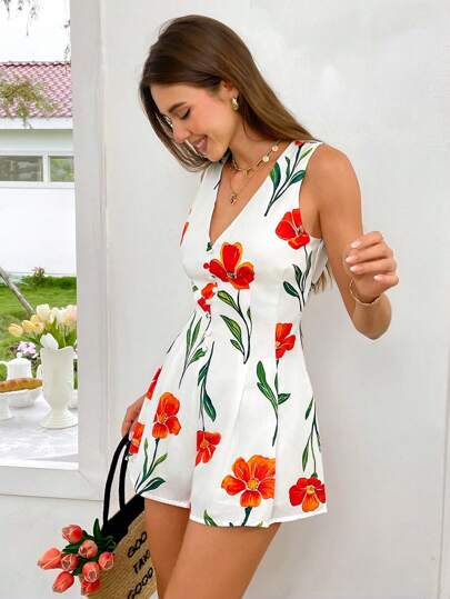 SHEIN VCAY Women's Floral Printed Jumpsuit, Suitable For Spring/Summer Vacation, Vacation Style, Woven Graphic Printed, Casual Summer Vacation Outfits Woman, Bohemia Beach Vacation Outfits, Boho Chic, Country Concert Outfit, Holiday Festival Outfits, Beach Outfits For Woman, Summer Outfits For Women, Old Money Style Women, Graduation Outfits, Birthday Dresses For Women