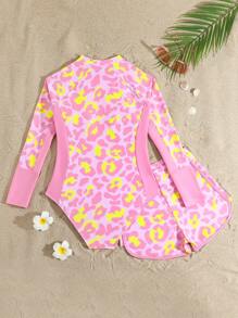 SHEIN 少女豹纹长袖连体泳衣（含短裤） - 粉色 - 查看 2