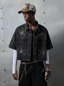 Men's Fashion Streetwear Style Woven Rhinestone Decor Short Sleeve Shirt - Black - View 2