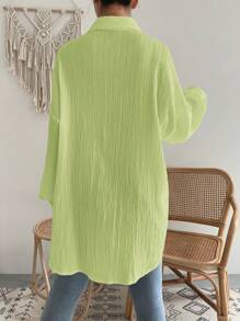 SHEIN EZwear 绿色女式衬衫落肩纽扣沙滩衬衫 - 青檸色 - 查看 5