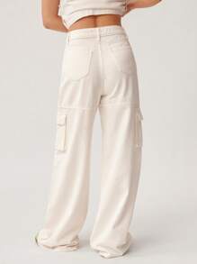 WESTFADE Western Spring 高腰宽松宽松缝线可爱工装牛仔裤 - 白色 - 查看 2