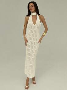 Aloruh Vestido de suéter para mujer con cuello en V profundo, espalda descubierta y diseño calado