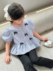 SHEIN Little Byeori 梭织条纹圆领泡泡袖休闲衬衫