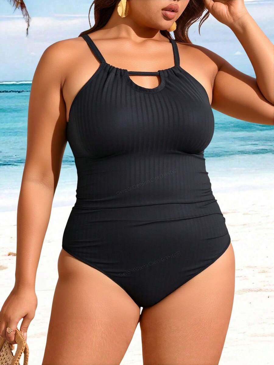 Swim Lushoire Plus Size Women Casual One-Piece Swimsuit For Vacation For Summer - Black - View 1