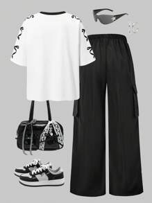 SHEIN ChillGRL 2件套：Tween Girls American 插肩袖图案T恤和贴花口袋工装裤 - 黑與白 - 查看 2