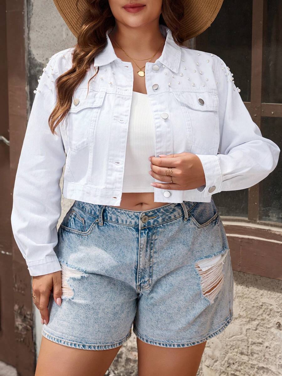 Plus Size Casual Everyday Pearl Button Decor Short Denim Jacket - White - View 1