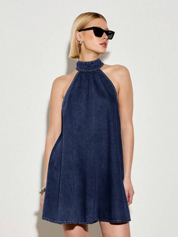AiiRZ Halter Neck Sleeveless A-Line Denim Dress Vintage Wash Summer Mini Party Casual Street Style Fashion Statement Piece