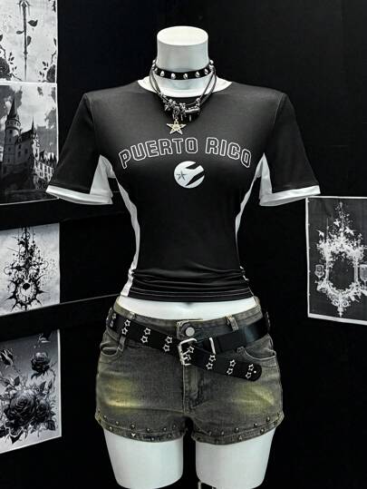 EgrlEra 女式撞色辣妹印花短袖T恤