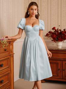 Savoree 夏季女士度假连衣裙，甜美泡泡袖，束腰，浅蓝色缎面 A 字迷你裙