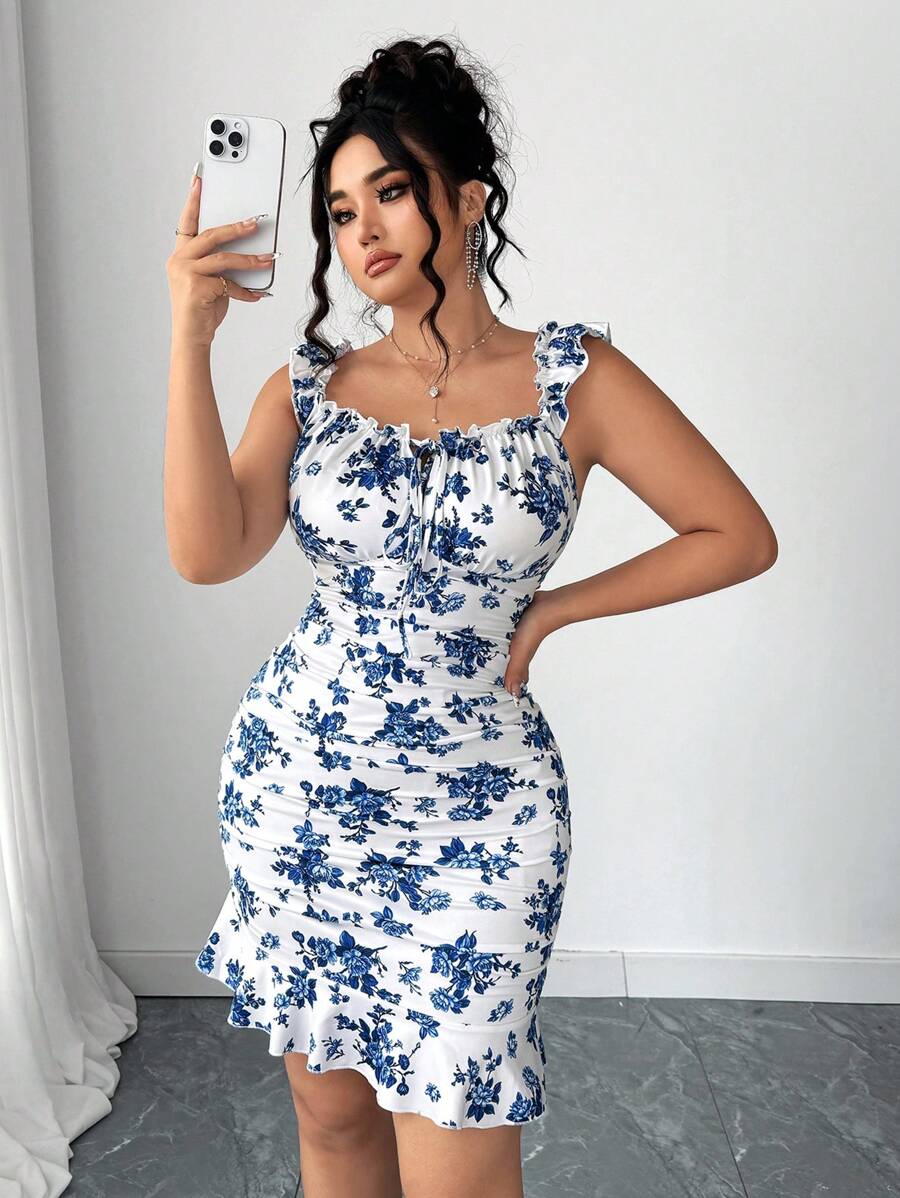 Elenzga Plus Size Women Floral Print Color Block Ruched Cap Sleeve Frill Hem Tie Front Mini Dress For Spring And Summer Women Short Dresses Summer Women Birthday Outfit Women Clothes - White - View 1