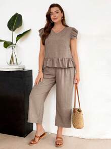 SHEIN Frenchy 2 Pieces Set Plus Size Solid Color Short Sleeve Top And Long Pants, Fashion For Summer - Khaki - View 3