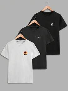 RueChic Set de 3 camisetas de manga corta regulares con estampado de vibe de verano para hombre