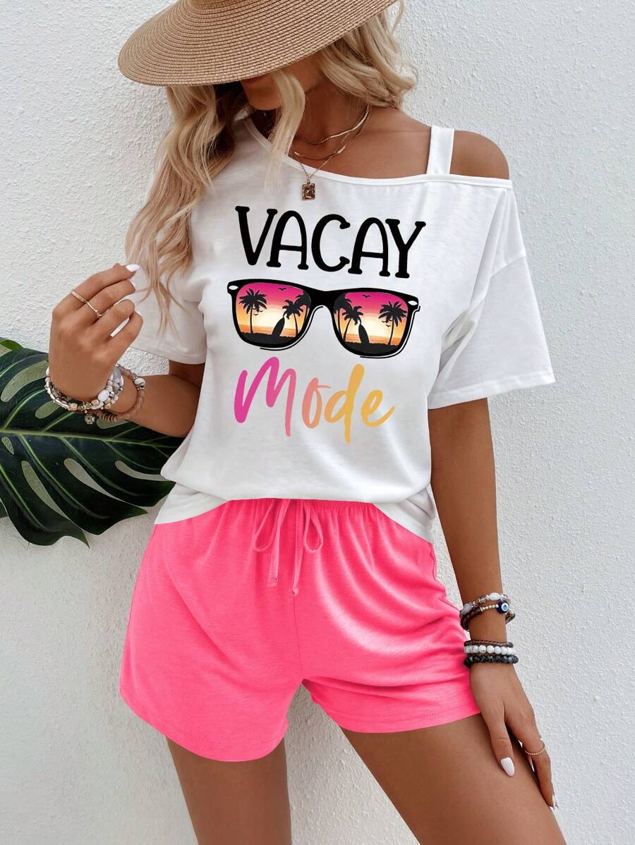 SHEIN LUNE Bộ 2 món áo cổ bất đối xứng in chữ cây dừa và quần short đi nghỉ mát cho nữ - Nhiều màu - Xem 1