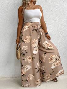 SHEIN Tall Pantalones anchos y holgados con estampado floral y cordón en la cintura, adecuados para vacaciones, tallas grandes para mujeres