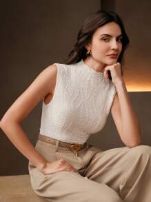 Anewsta Parte superior ajustada de mujer sin mangas con cuello de volantes de tela texturizada de unicolor