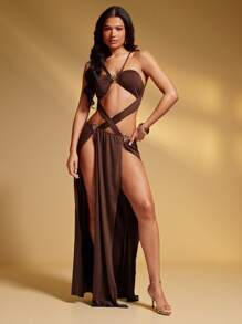 Hauture Summer Sexy Solid Color Hollow Out High Slit Backless Dress, Island Vacation Outfits, Vacation Outfits, Vacation Dress, Honeymoon Outfits Woman Ibiza Outfits - Brown - View 4